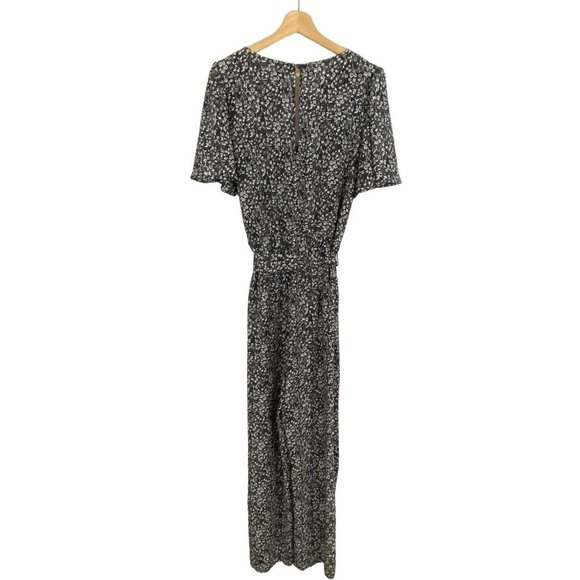 1.STATE Floral Flutter Sleeve Tie Waist Jumpsuit In Rich Black and White M - Picture 4 of 12